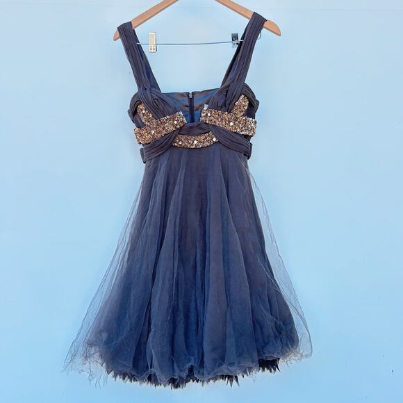 Elegant Navy Blue Mini Dress with Gold Accents - Picture 1 of 8